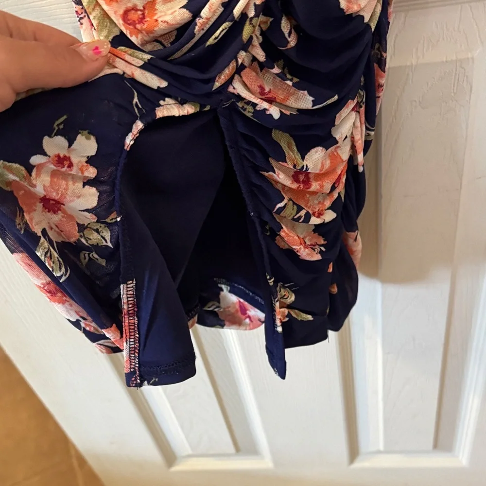 Lulu’s Springtime Bliss Navy Blue Floral Print Mesh Bodycon Mini Dress - Picture 7 of 7